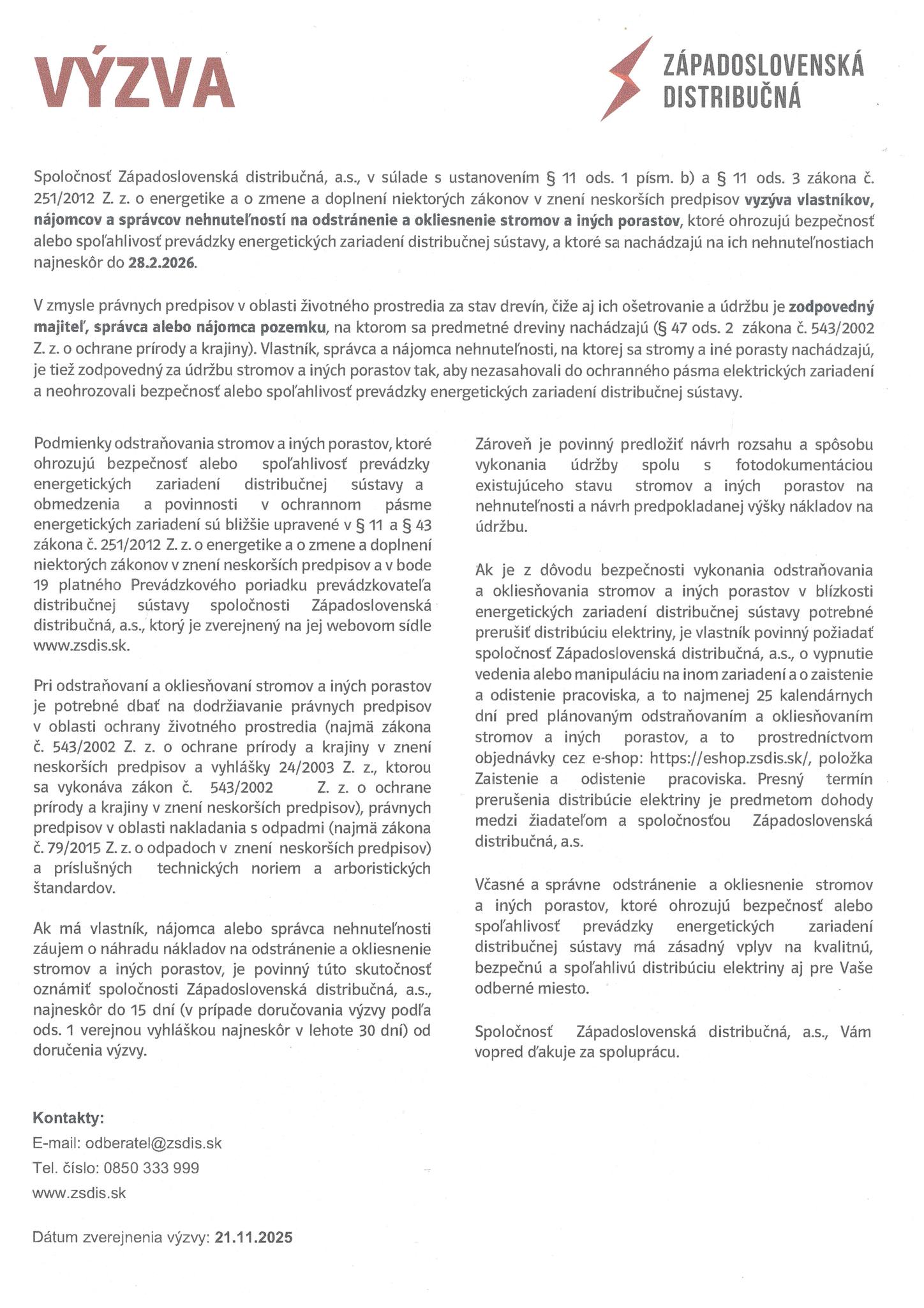 Výzva – odstránenie a okliesnenie stromov a iných porastov
