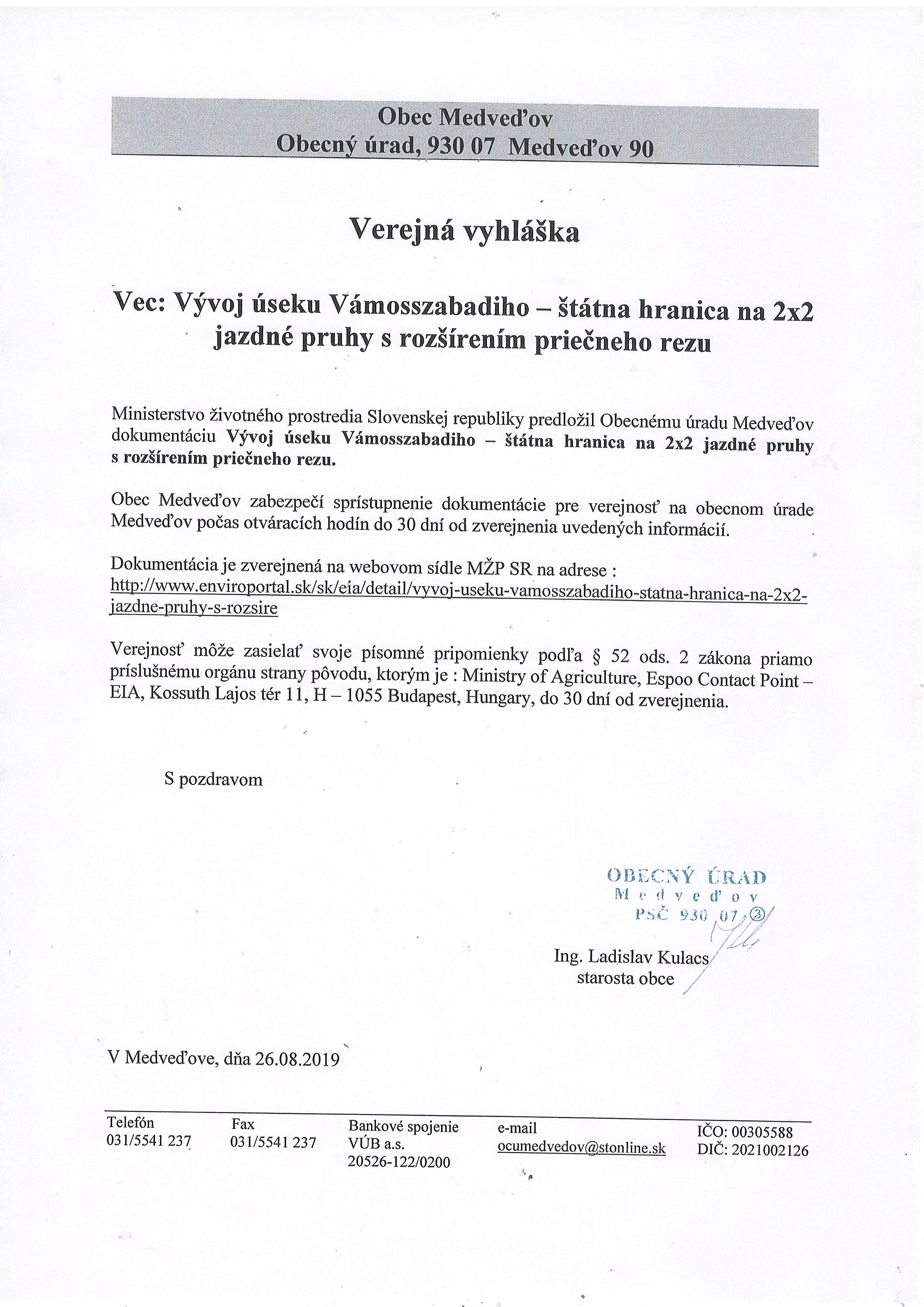 Vývoj úseku Vámosszabadio – štátna hranica na 2x2 jazdné pruhy s rozšírením priečneho rezu