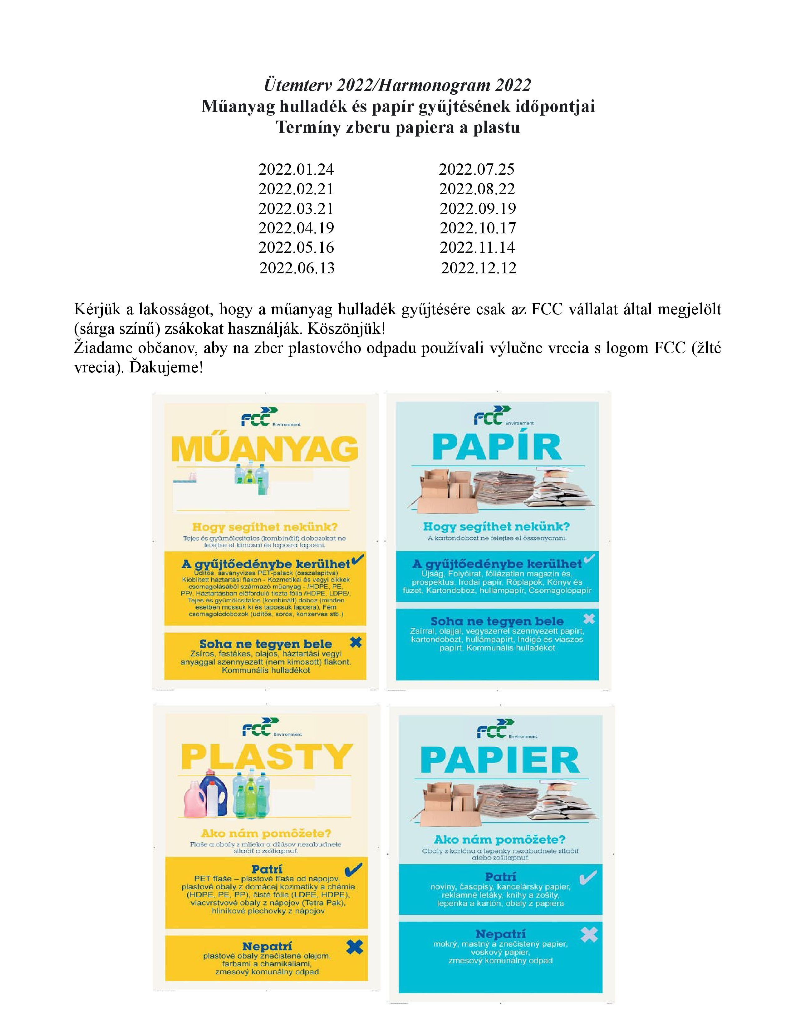 Termíny zberu papiera a plastu (2022)